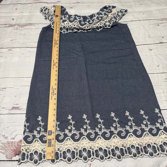 Kaktus Chambray Denim Eyelet Lace Ruffled Off The Shoulder Dress - Picture 7 of 7